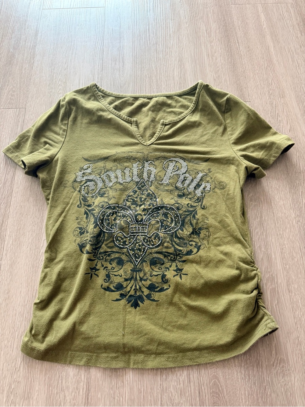 South Pole Olive Green Women's Embellished V-Neck Graphic Tee